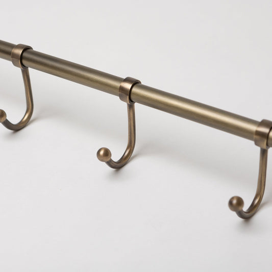 Antique Brass Hook Rail with 3 Brass Hooks - Solid Brass