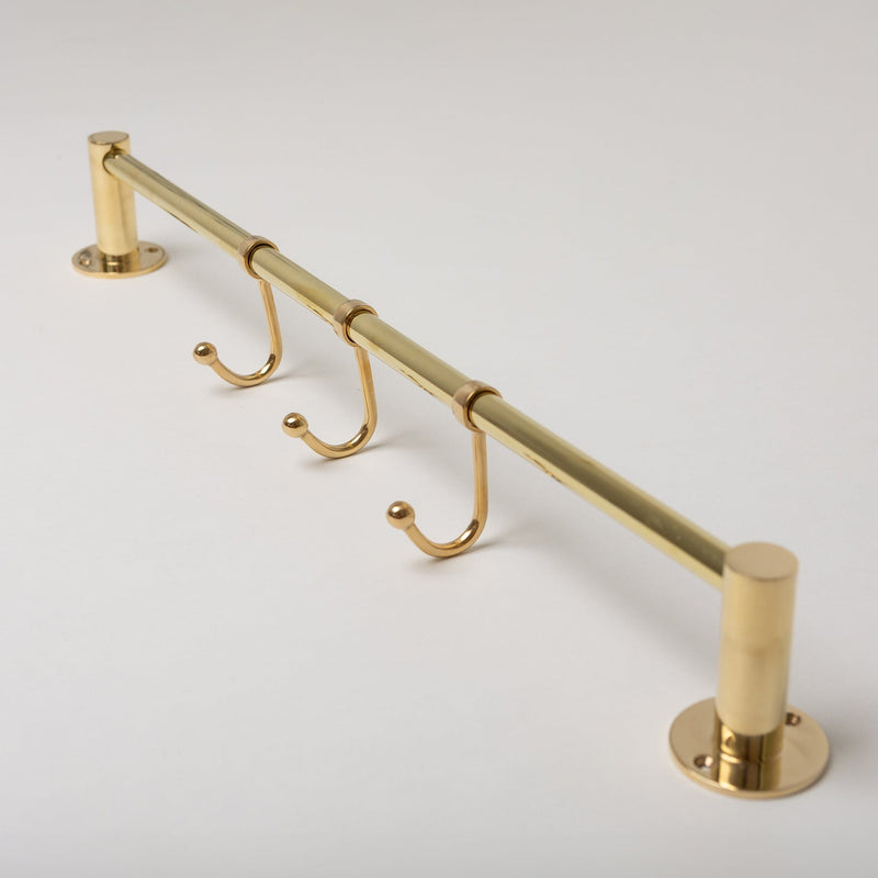 Polished Brass Hook Rail with 3 Brass Hooks - Solid Brass