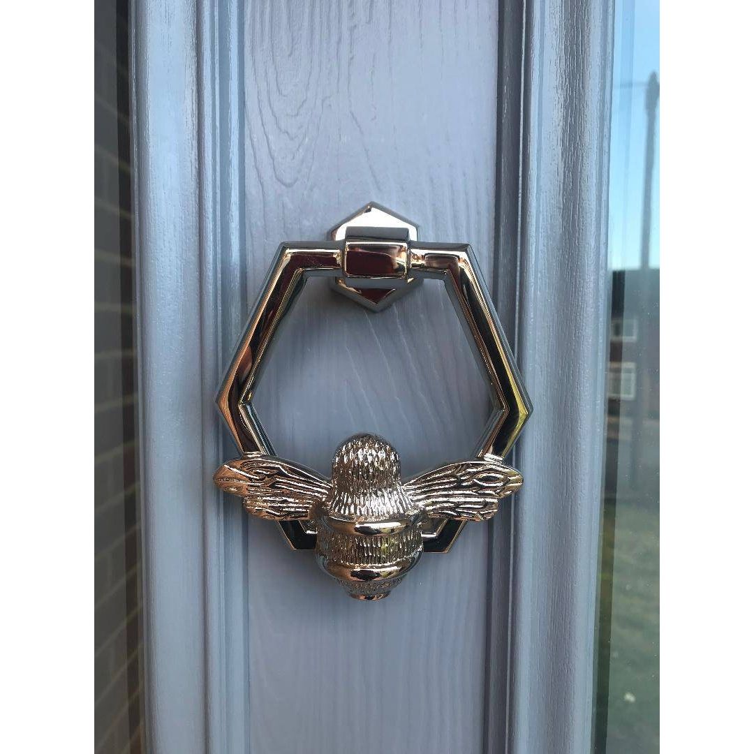 Brass Bumble Bee Honeycomb Door Knocker - Nickel Finish - Brass bee
