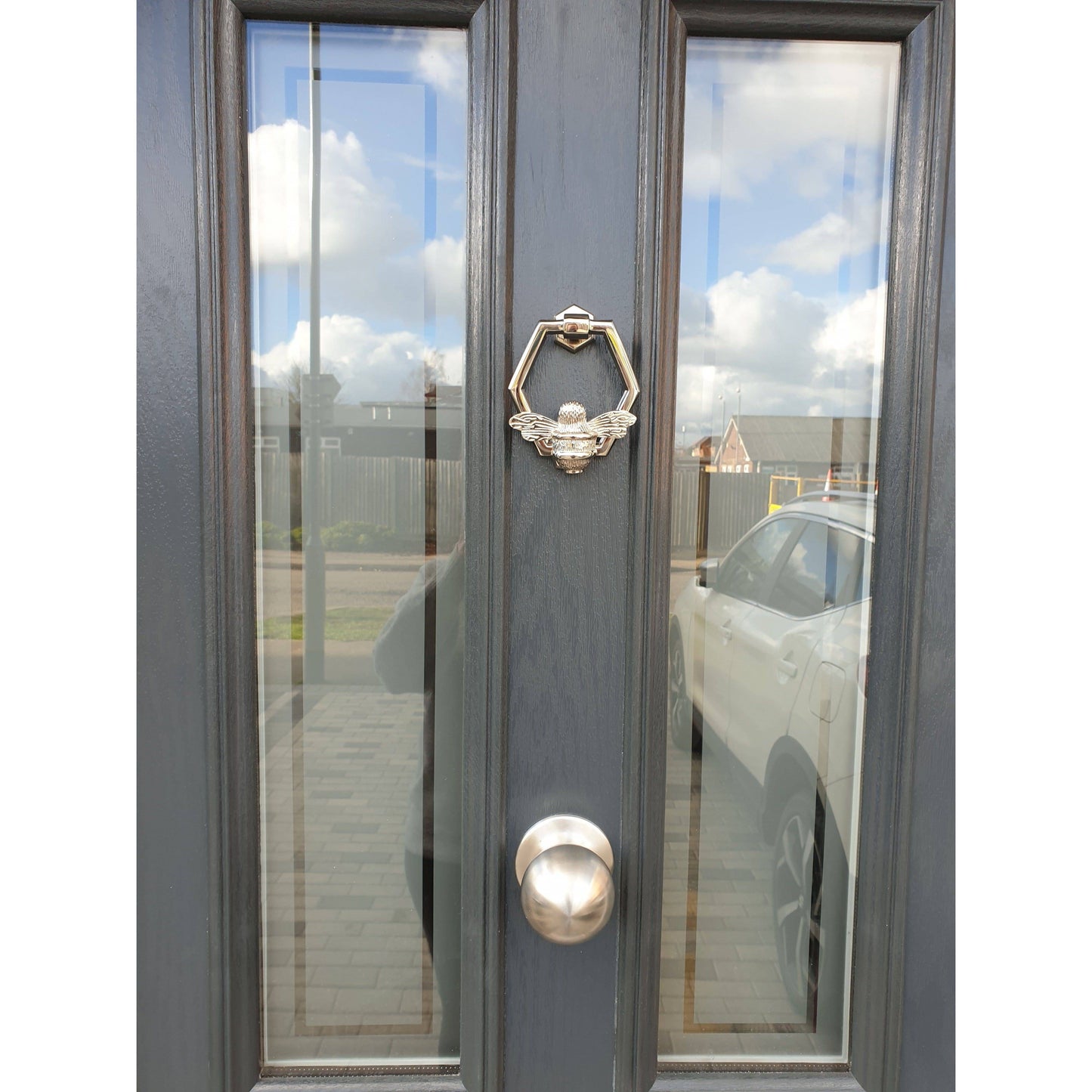 Brass Bumble Bee Honeycomb Door Knocker - Nickel Finish - Brass bee