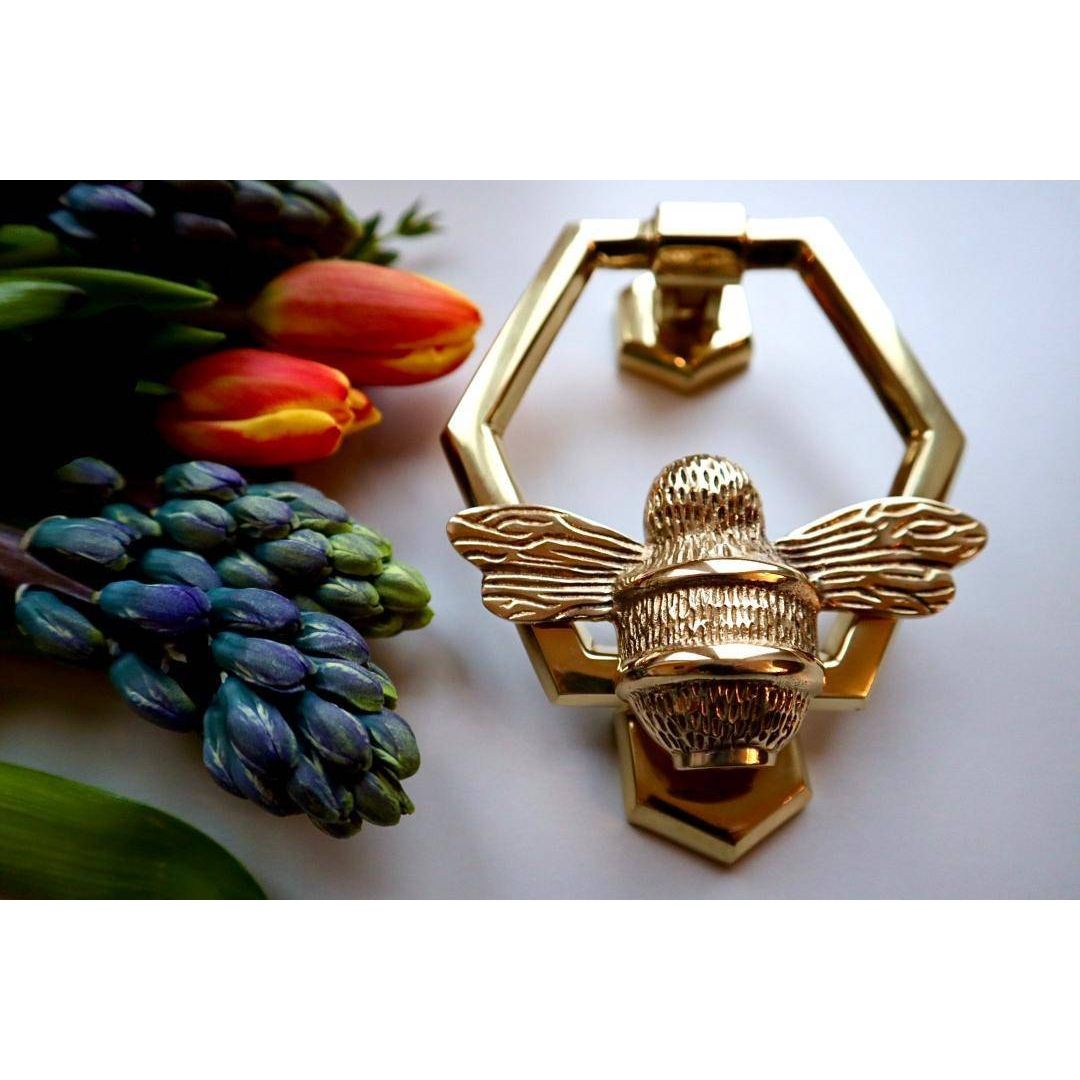 Brass Bumble Bee Honeycomb Door Knocker - Brass Finish - Brass bee