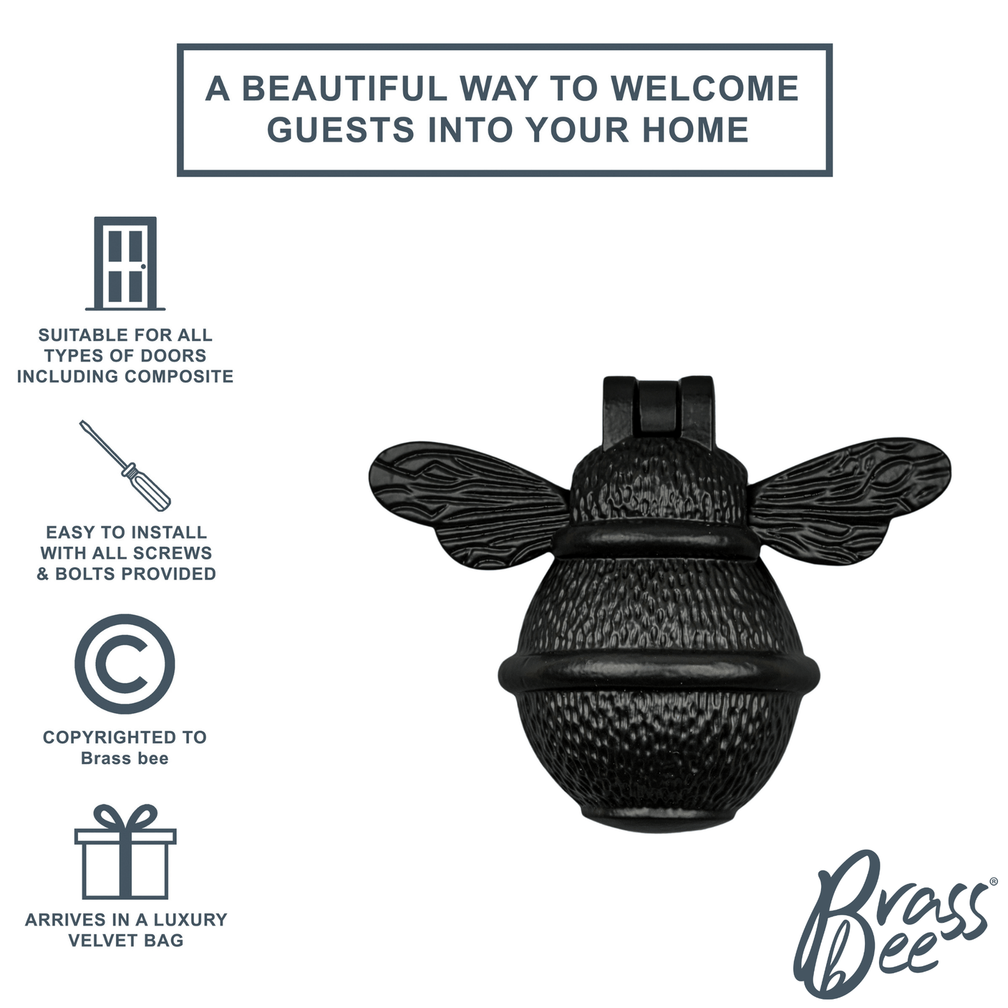 Brass Bee Door Knocker - Black Finish - Brass bee