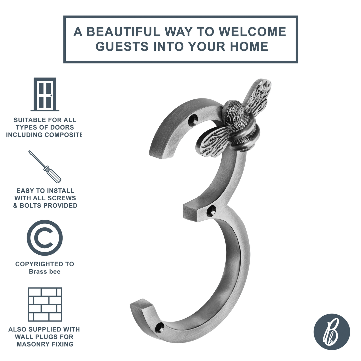 Brass bee Premium House Numbers with Bee in Pewter Finish 0-9 - Brass bee