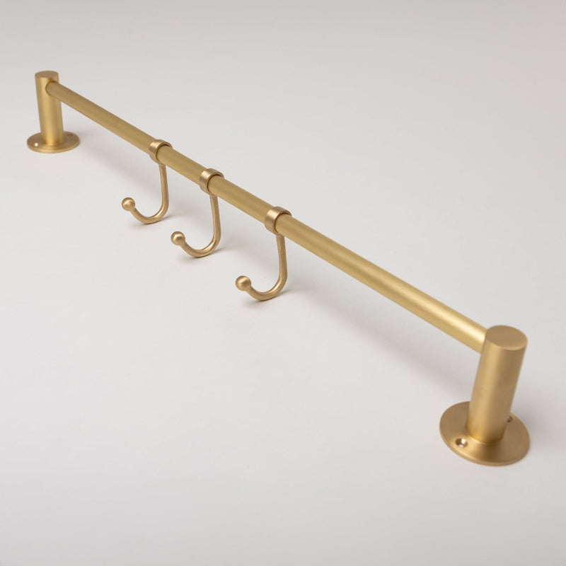 Satin Brass Hook Rail with 3 Brass Hooks - Solid Brass