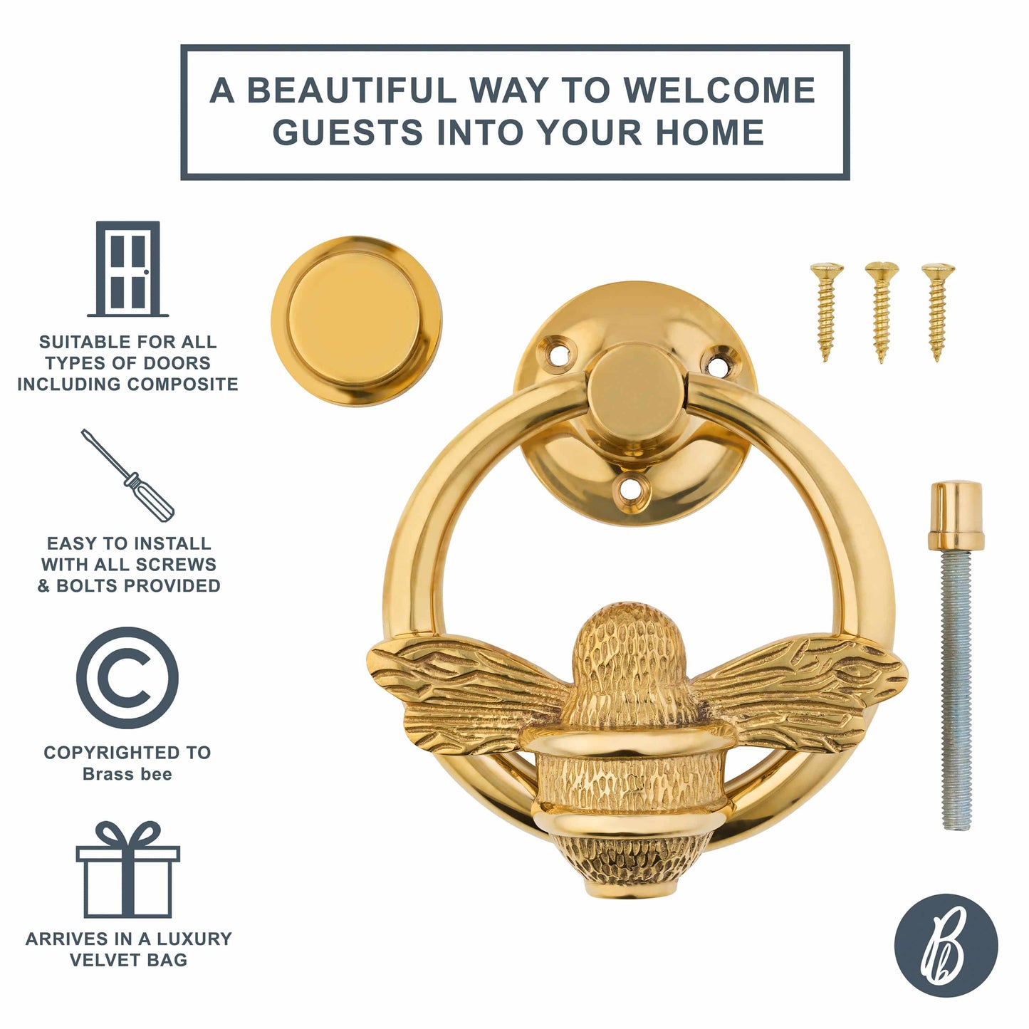 Brass Bumble Bee Ring Door Knocker - Brass Finish - Brass bee