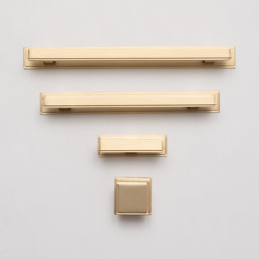 Solid Brass Art Deco Kitchen Pull Handles & Knobs With Backplates - Satin Brass Finish