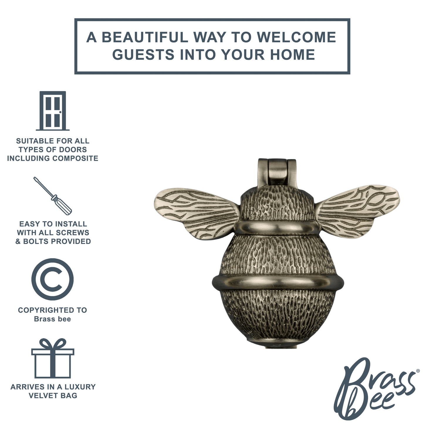 Brass Bumble Bee Door Knocker - Pewter Finish - Brass bee