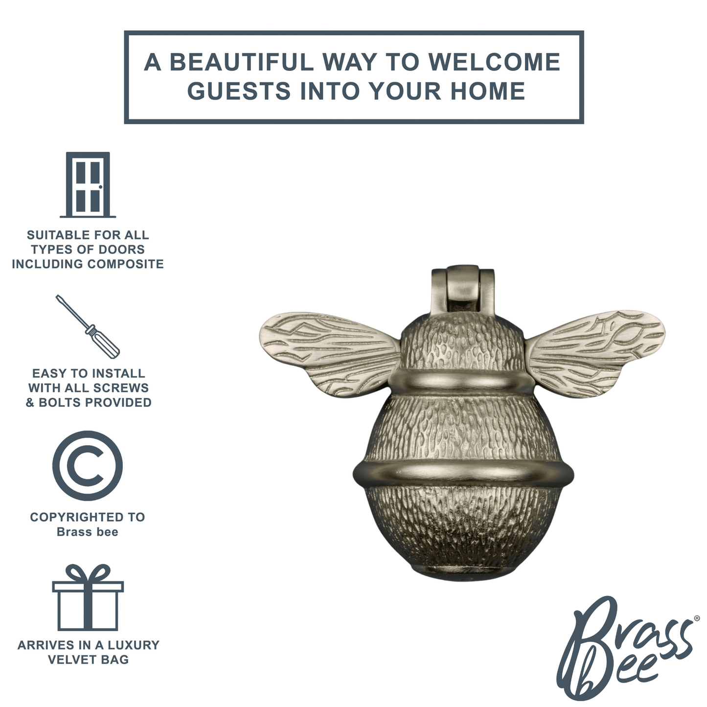 Brass Bumble Bee Door Knocker - Satin Finish - Brass bee