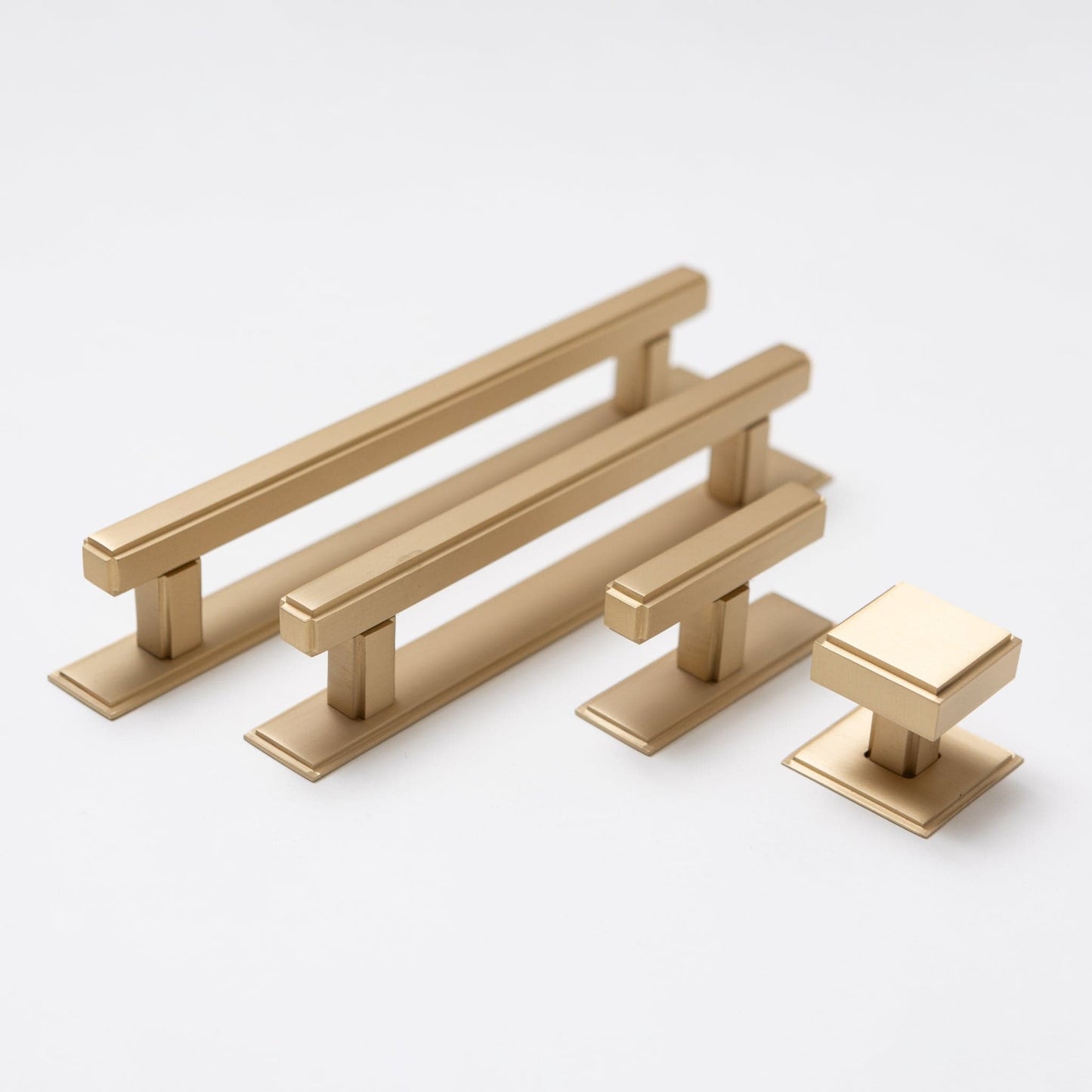 Solid Brass Art Deco Kitchen Pull Handles & Knobs With Backplates - Satin Brass Finish