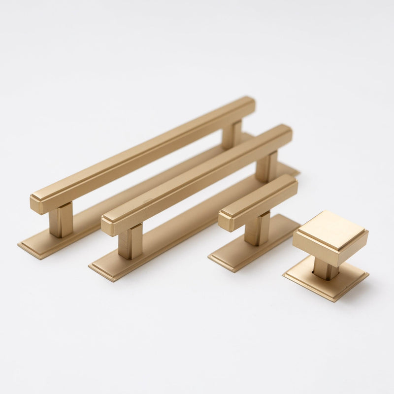 Solid Brass Art Deco Kitchen Pull Handles & Knobs With Backplates - Satin Brass Finish