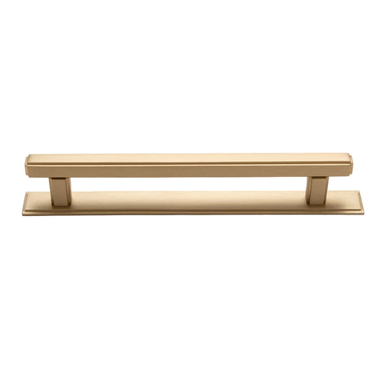 Brass bee Solid Brass Art Deco Kitchen Pull Handles & Knobs with Backplates in satin brass finish, featuring a sleek, straight design and rectangular backplate for modern cabinetry.
