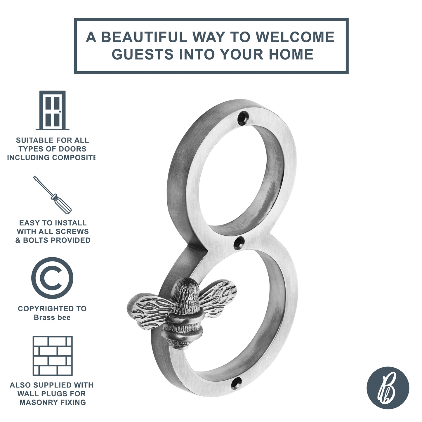 Brass bee Premium House Numbers with Bee in Pewter Finish 0-9 - Brass bee