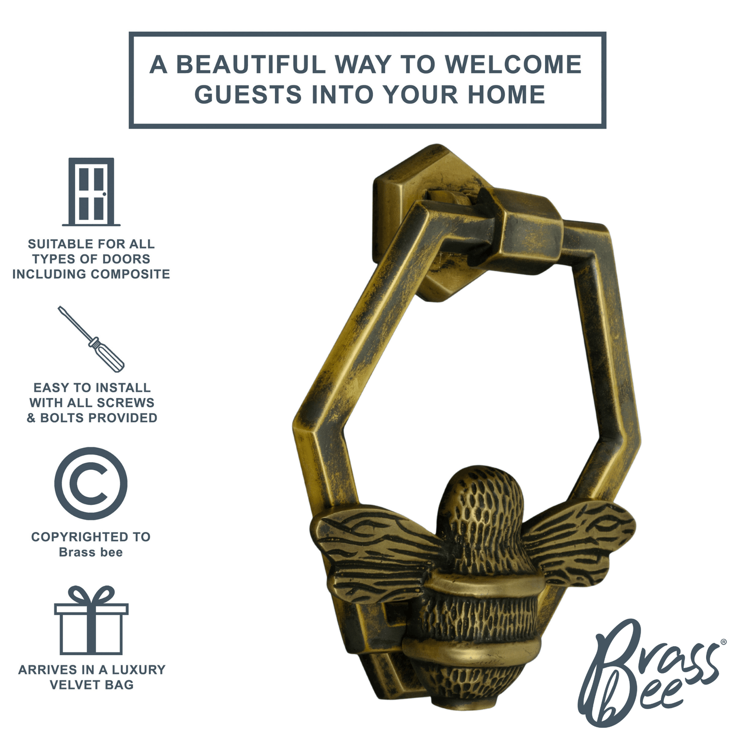 Brass Bumble Bee Honeycomb Door Knocker - Antique Brass Finish - Brass bee