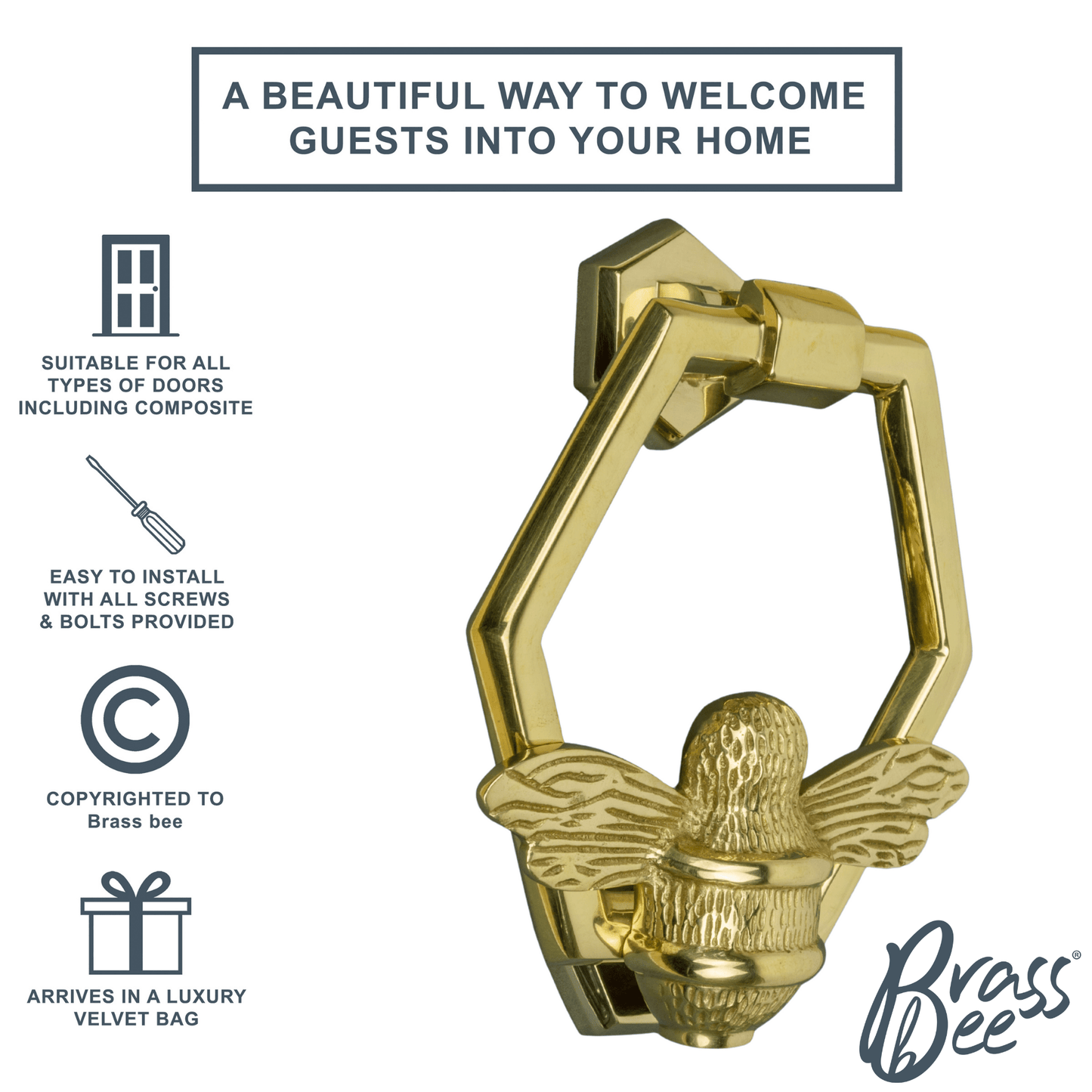 Brass Bumble Bee Honeycomb Door Knocker - Brass Finish - Brass bee