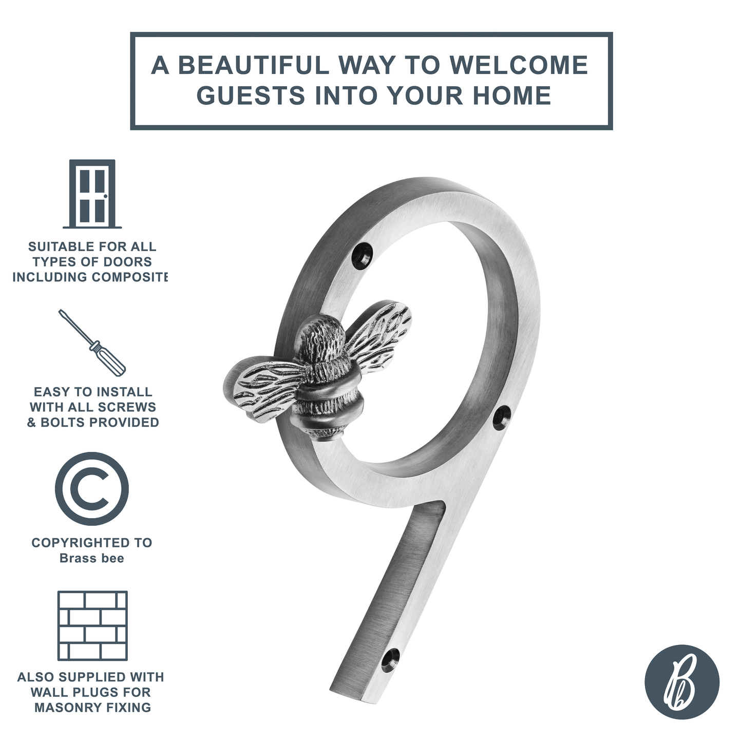 Brass bee Premium House Numbers with Bee in Pewter Finish 0-9 - Brass bee