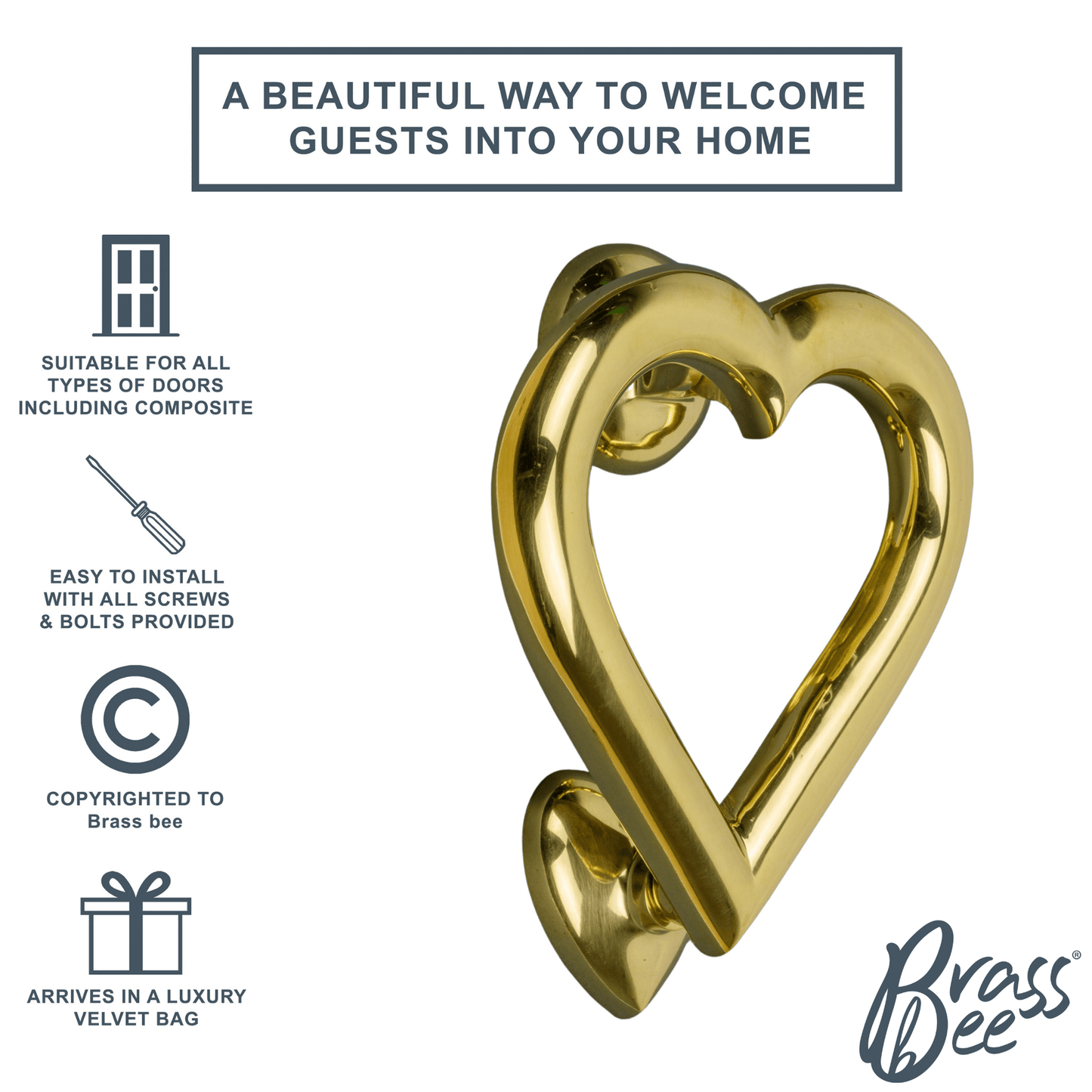 Brass Love Heart Door Knocker - Brass Finish - Brass bee
