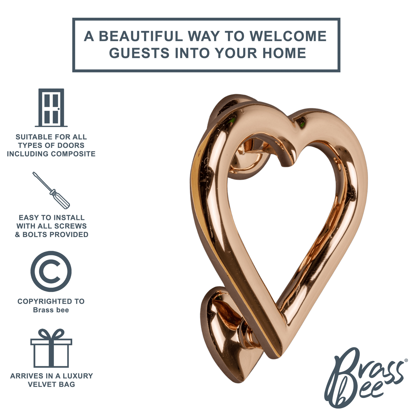 Brass Love Heart Door Knocker - Rose Gold Finish - Brass bee