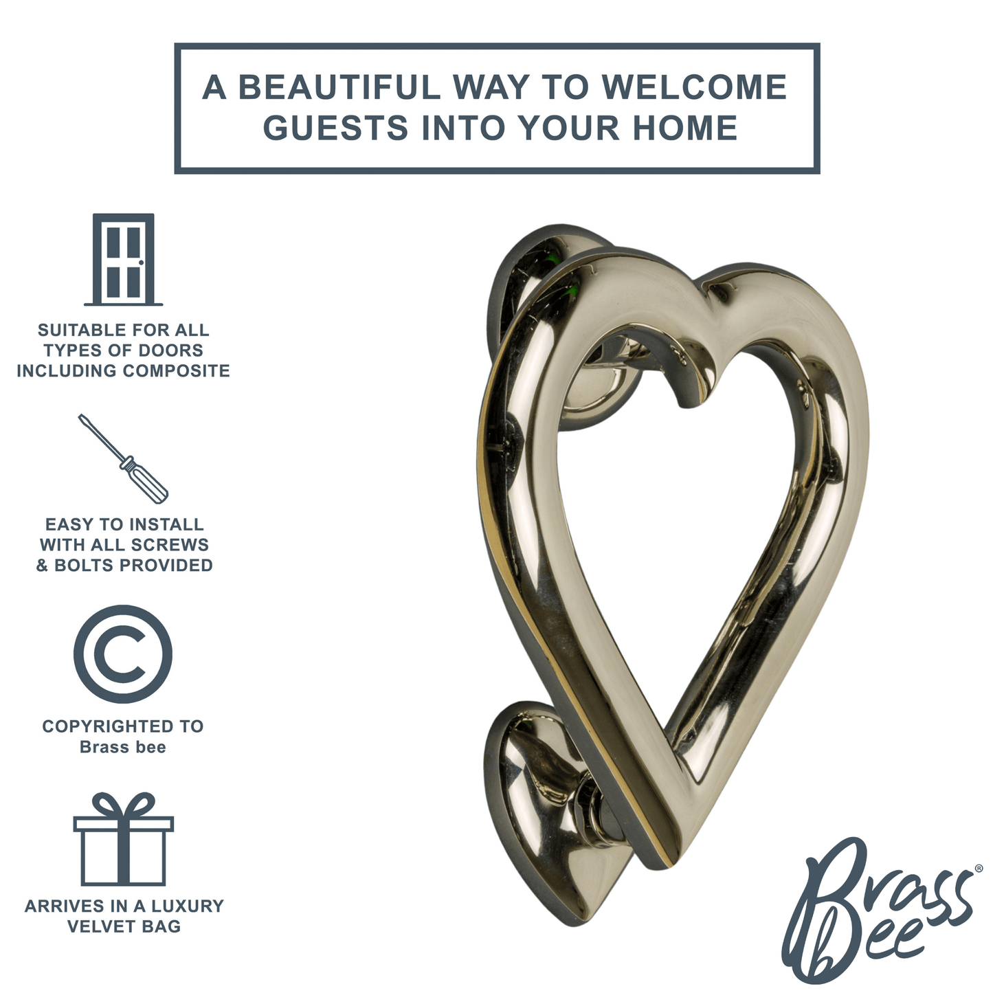 Brass Love Heart Door Knocker - Nickel Finish - Brass bee