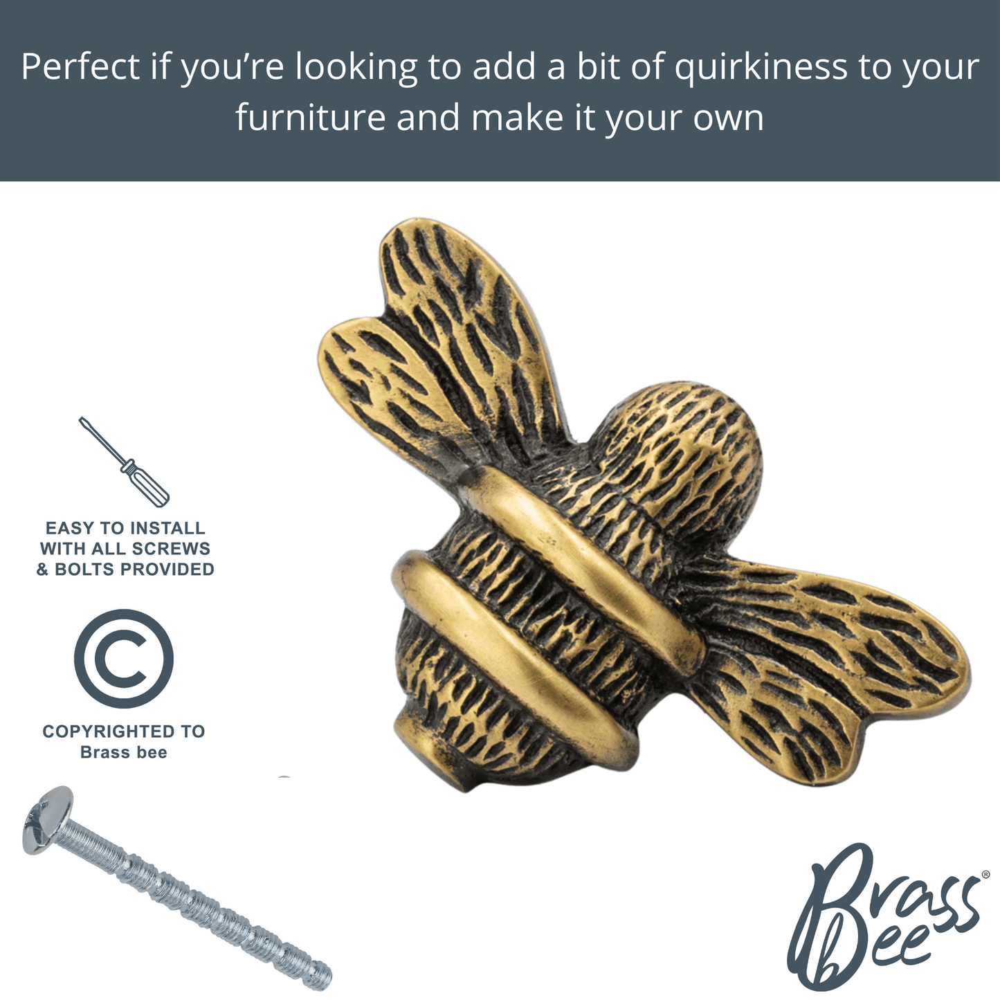 Brass Bee Drawer Cabinet Knob - Antique Brass Finish - Brass bee