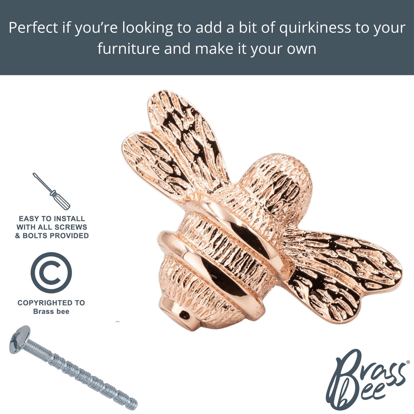 Brass Bee Drawer Cabinet Knob - Rose Gold Finish - Brass bee