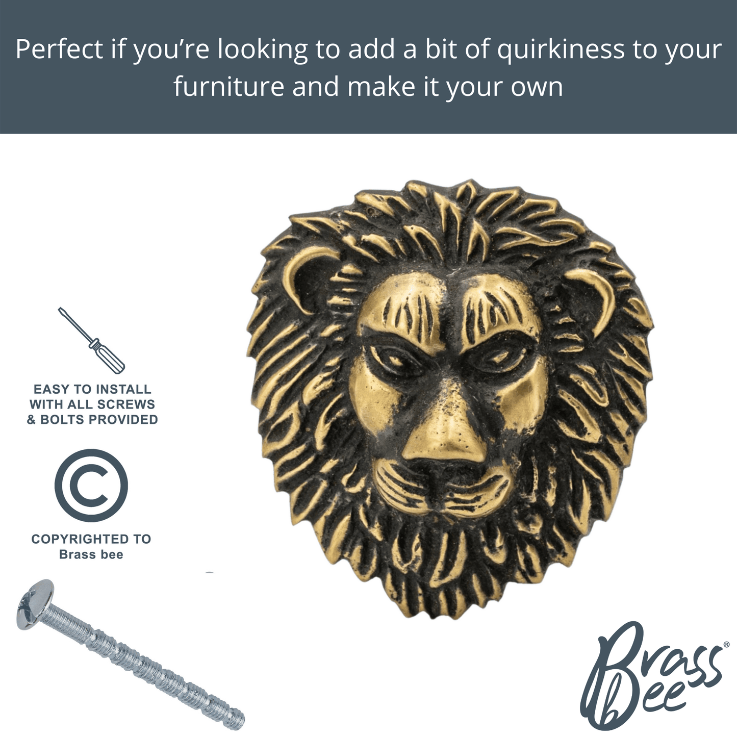 Brass Lion Drawer Cabinet Knob - Antique Brass Finish - Brass bee