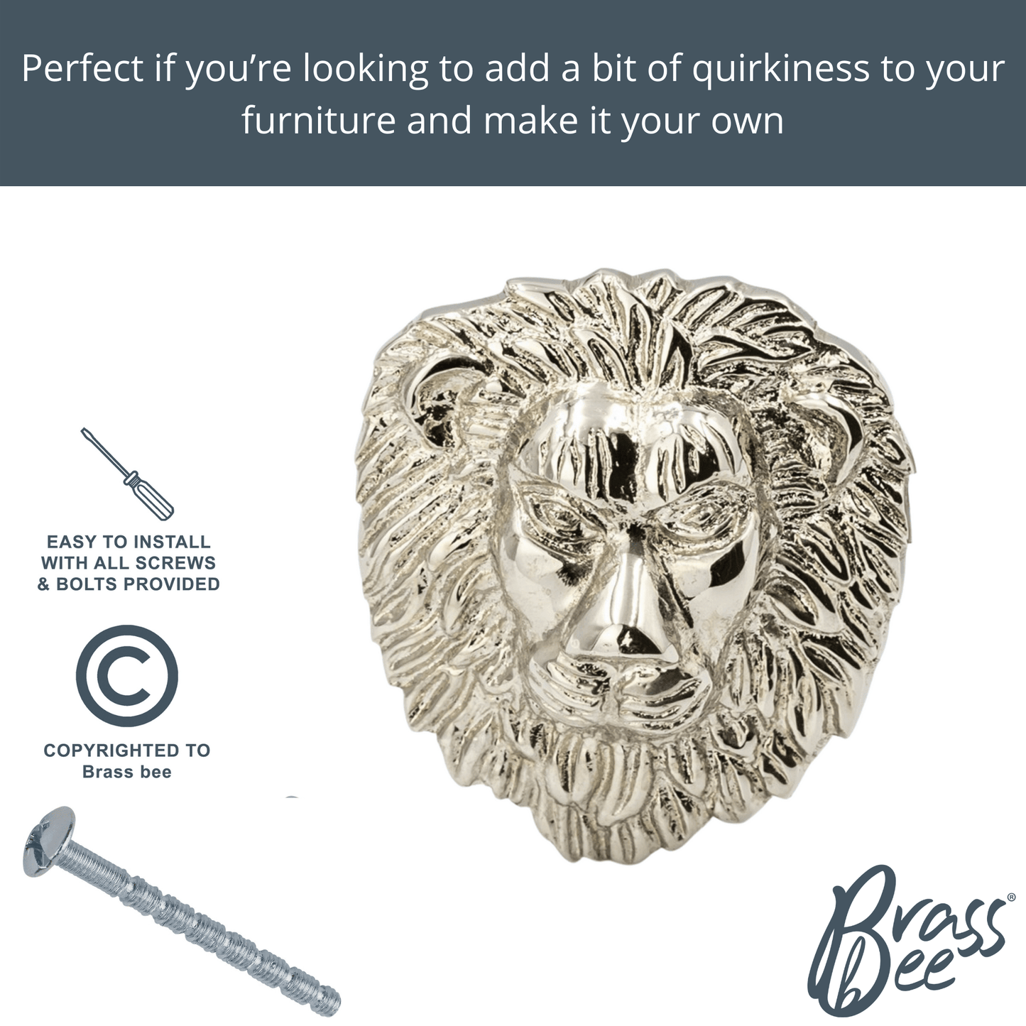 Brass Lion Drawer Cabinet Knob - Nickel Finish - Brass bee