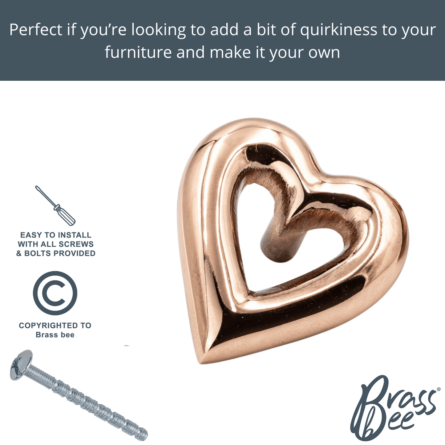 Brass Heart Drawer Cabinet Knob - Rose Gold Finish - Brass bee