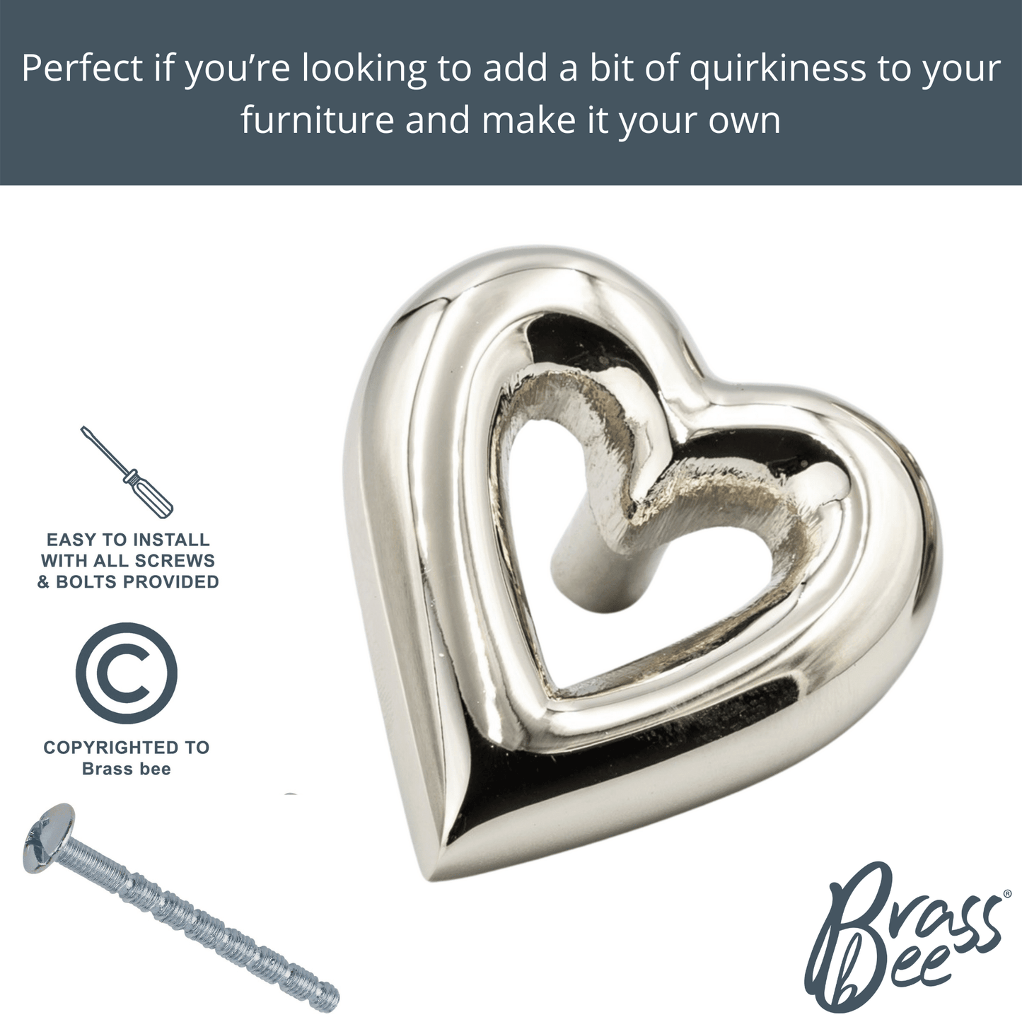 Brass Heart Drawer Cabinet Knob - Nickel Finish - Brass bee