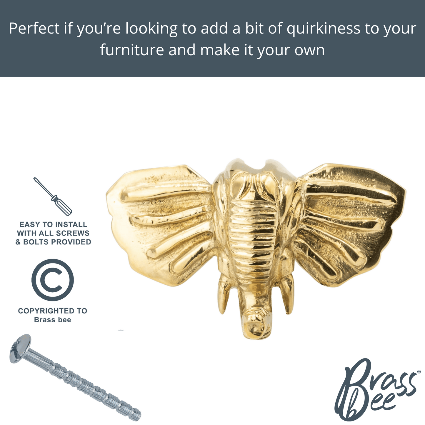Brass Elephant Drawer Cabinet Knob - Brass Finish - Brass bee