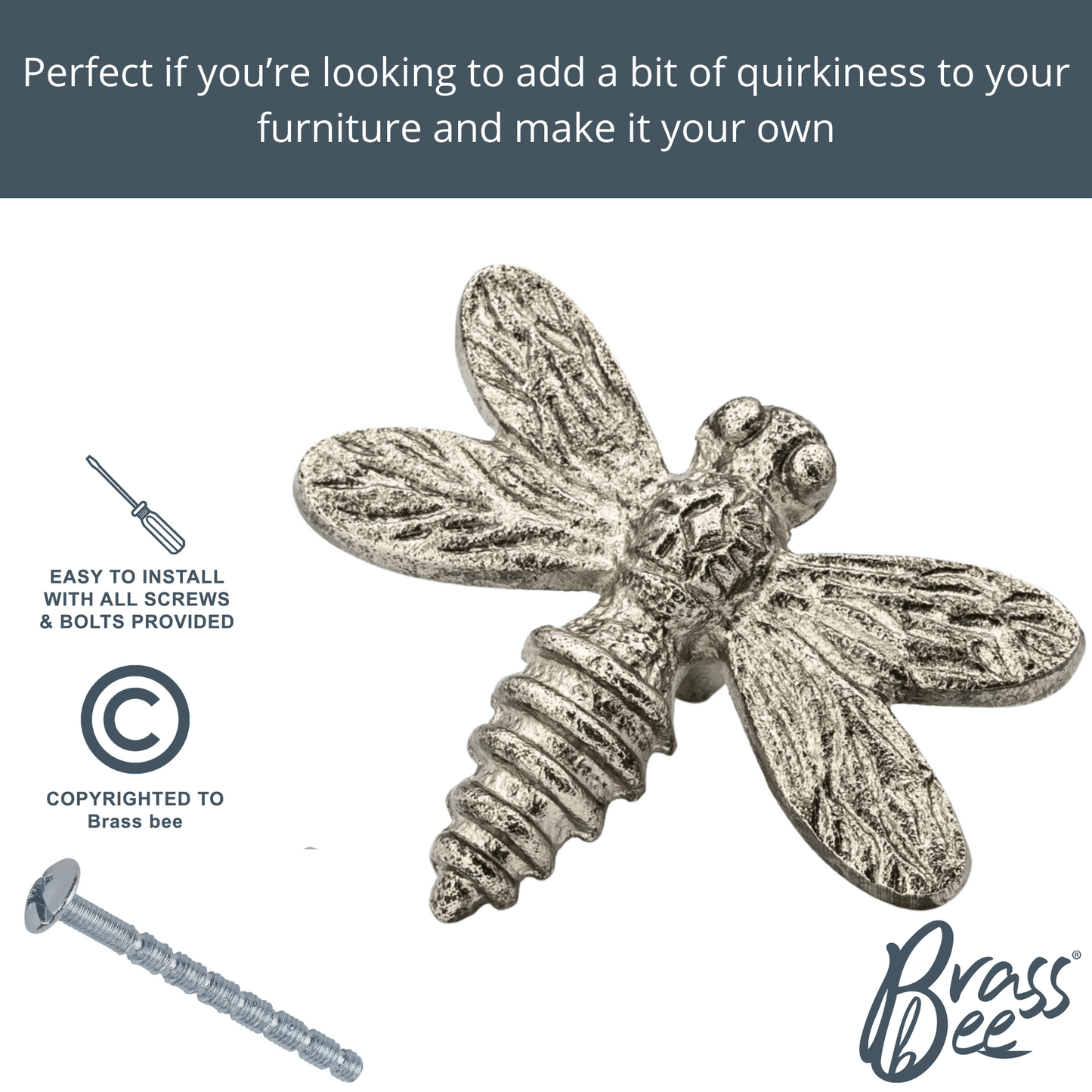 Brass Dragonfly Drawer Knob - Pewter Finish - Brass bee