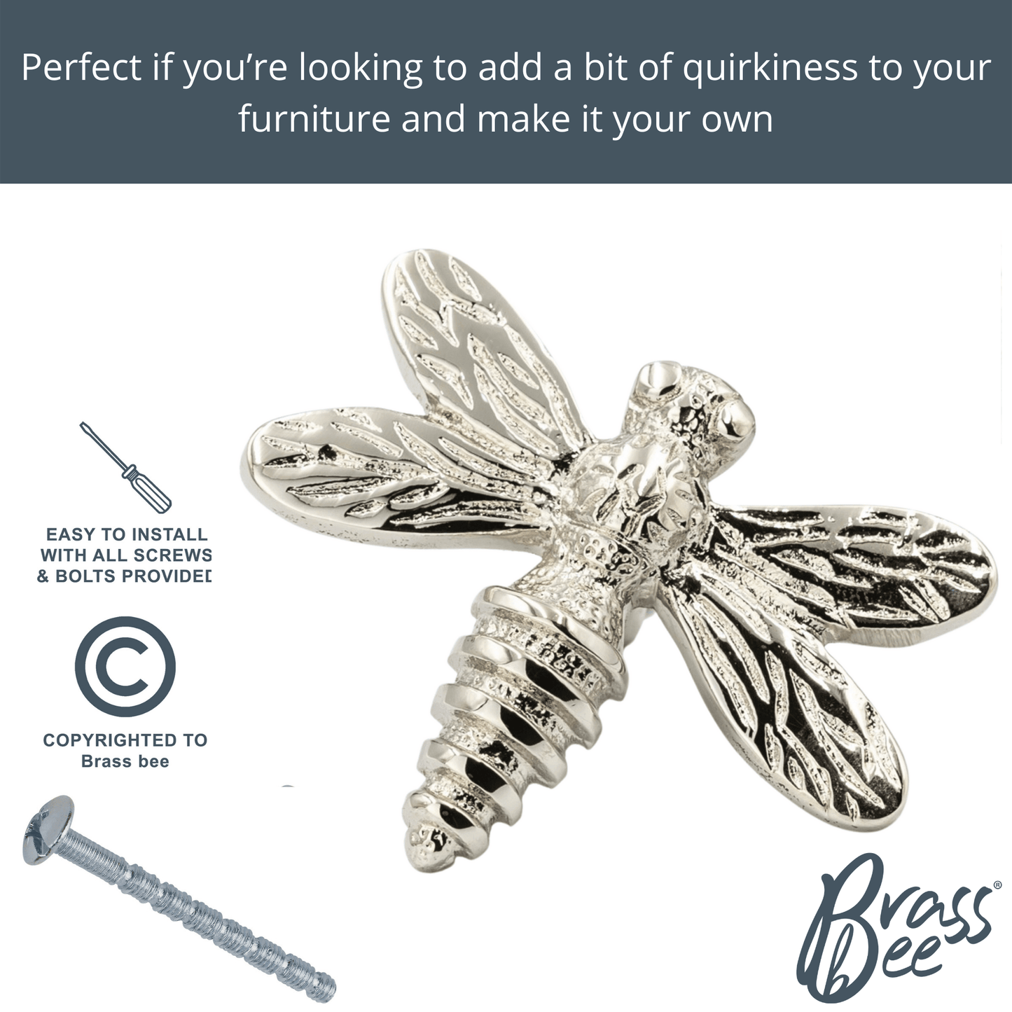 Brass Dragonfly Drawer Knob - Nickel Finish - Brass bee