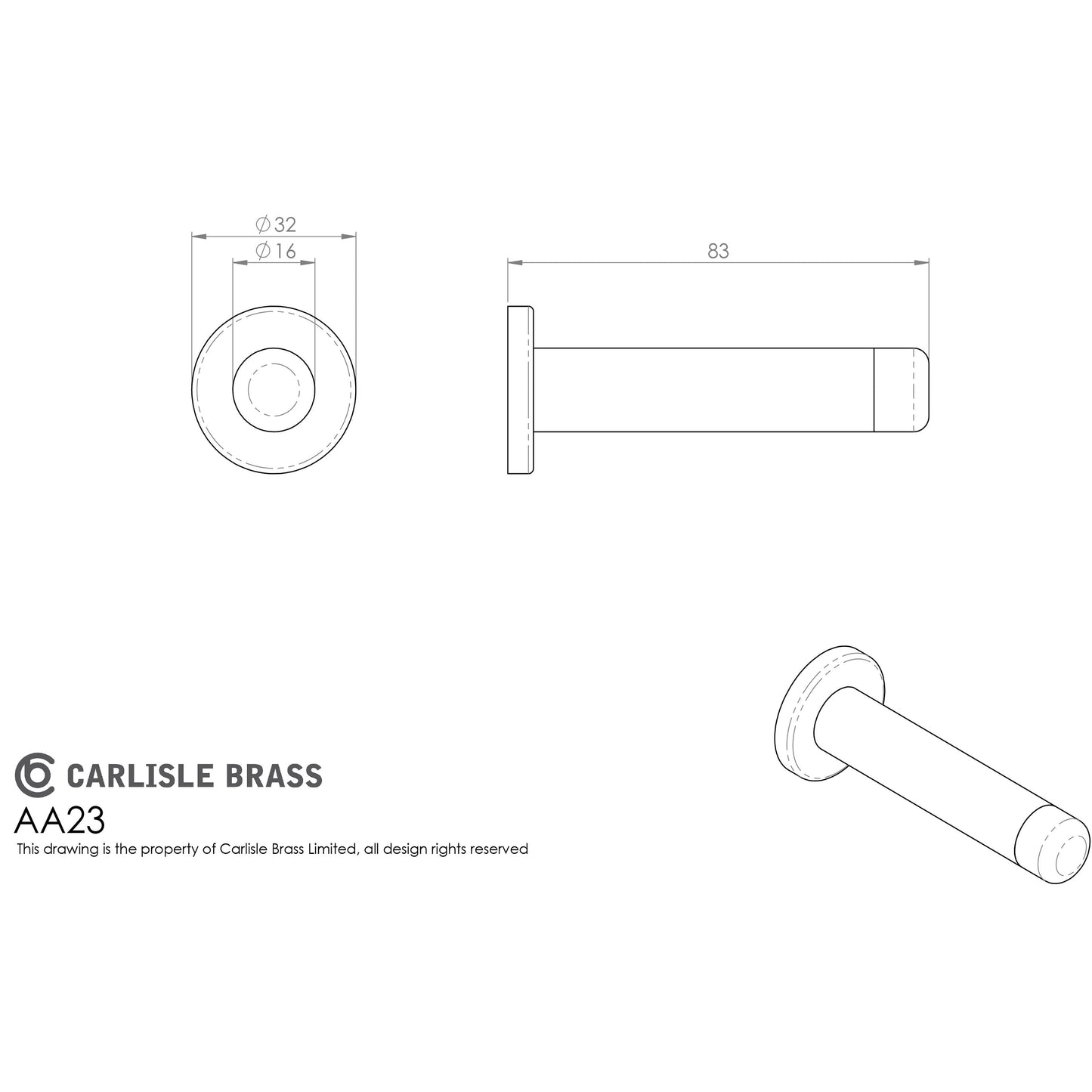 Wall Mounted Cylinder Doorstop with Rose - 64mm - Polished Brass