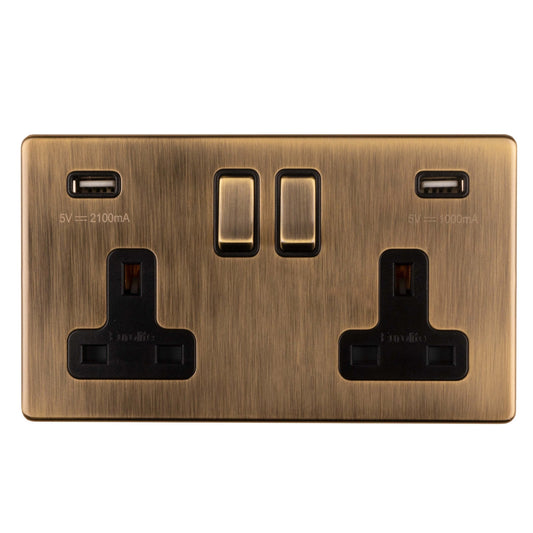 Eurolite Concealed 3mm 2 Gang USB Socket in antique brass finish with two USB ports and two traditional power outlets, featuring a sleek and modern design suitable for residential or commercial use.