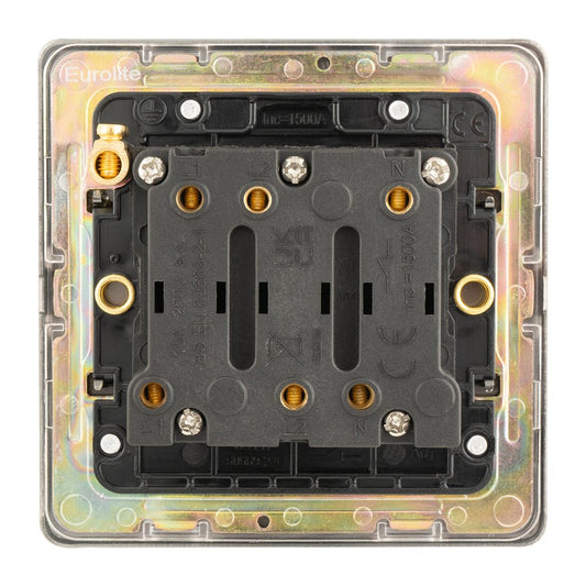 Eurolite Concealed 3mm Fan Switch in antique brass, featuring a square design with multiple terminal connections and a black mounting plate. The switch is encased in a clear plastic cover.