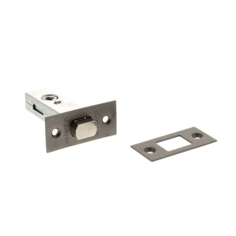 Atlantic Tubular Deadbolt in a silver finish, available in sizes 2.5", 3", and 4", includes a rectangular strike plate. The deadbolt features a rounded bolt design for enhanced security.