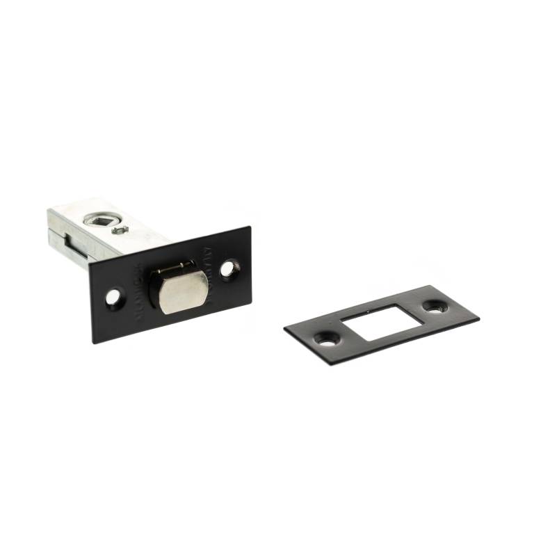 Atlantic Tubular Deadbolt in black color, available in 2.5", 3", and 4" sizes, features a metal body with a round bolt and includes a matching strike plate.