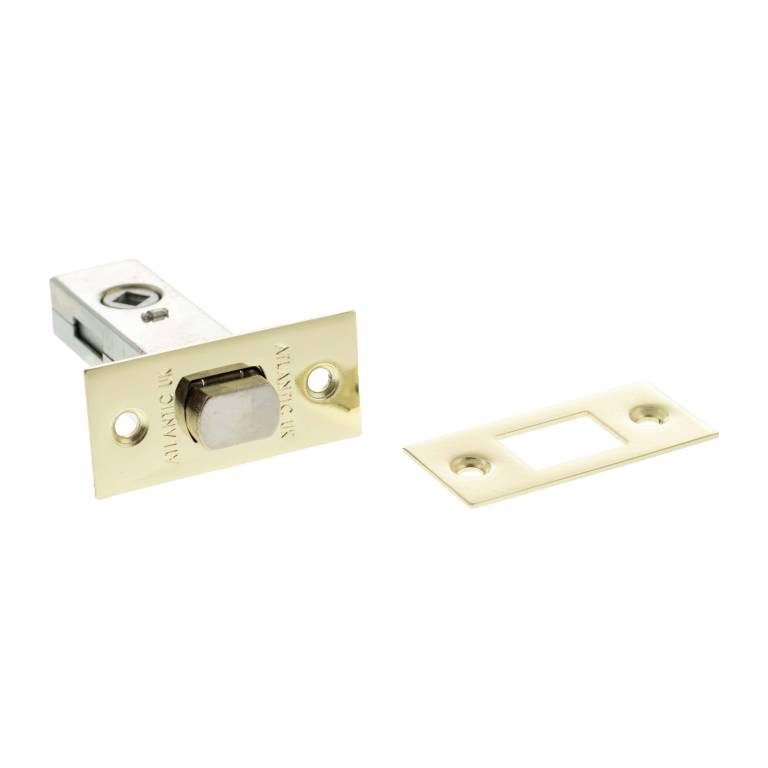 Atlantic Tubular Deadbolt – 2.5", 3" & 4" in a polished brass finish, featuring a cylindrical locking mechanism and a matching strike plate for secure door installation.
