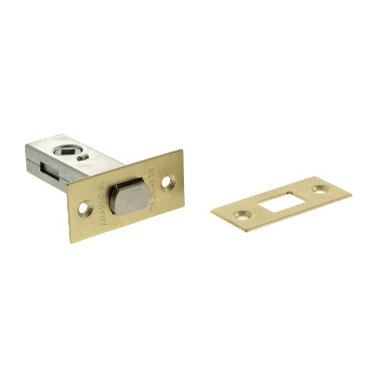 Atlantic Tubular Deadbolt – 2.5", 3" & 4" with a brass finish and metal body, includes a matching strike plate for installation.