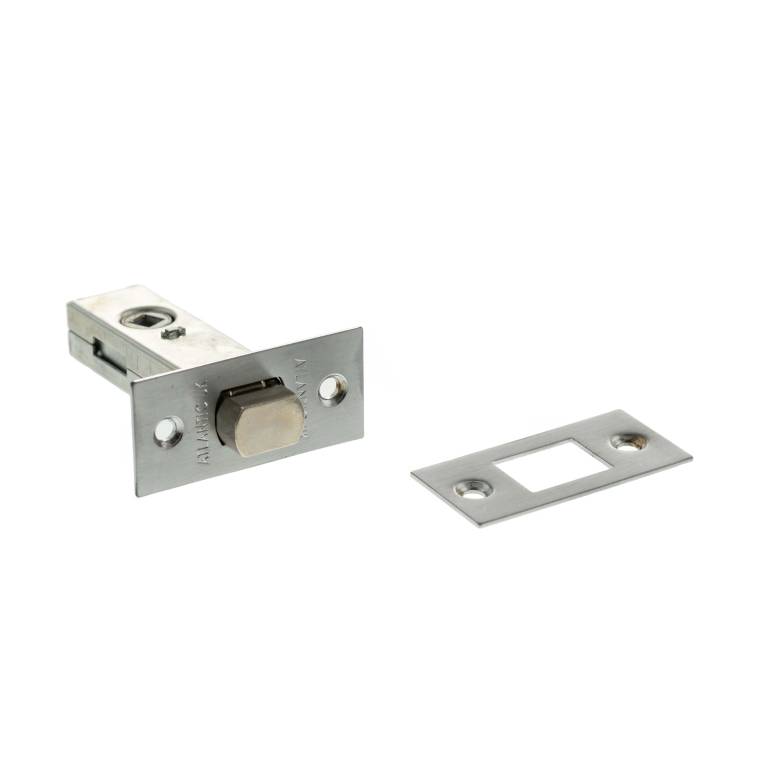 Atlantic Tubular Deadbolt in silver, available in sizes of 2.5", 3", and 4", featuring a square design with a round knob and an attached strike plate.