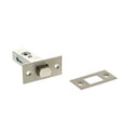 Atlantic Tubular Deadbolt in a sleek metallic finish, featuring a round lock mechanism, flat rectangular faceplate, and a matching strike plate, suitable for various door installations.
