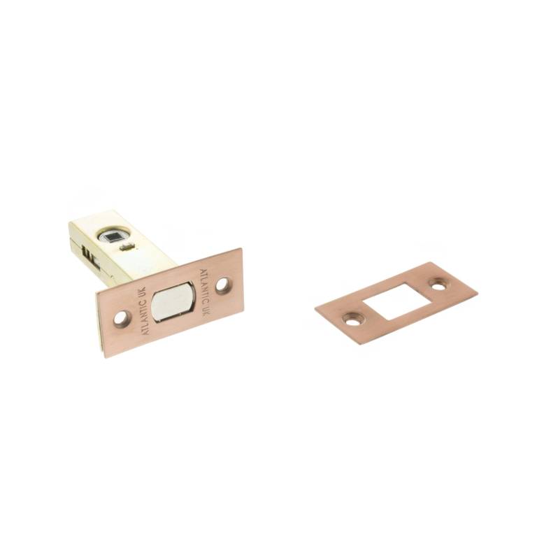 Atlantic Tubular Deadbolt in a 2.5", 3", and 4" size, featuring a metallic finish and two metal components: the deadbolt and strike plate.