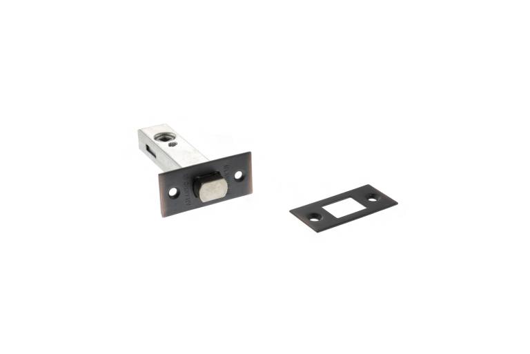 Atlantic Tubular Deadbolt in silver finish, measuring 2.5", 3", and 4". The deadbolt features a cylindrical design and comes with a rectangular strike plate for installation.