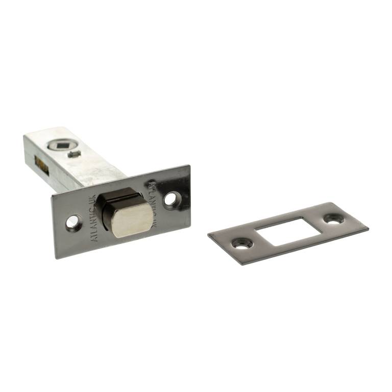 Atlantic Tubular Deadbolt available in 2.5", 3", and 4" sizes, featuring a metal body with a cylindrical bolt, accompanied by a rectangular strike plate.