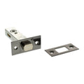 Atlantic Tubular Deadbolt available in 2.5", 3", and 4" sizes, featuring a metal body with a cylindrical bolt, accompanied by a rectangular strike plate.