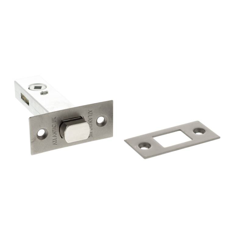 Atlantic Tubular Deadbolt in silver finish, measuring 2.5", 3", and 4". The deadbolt features a rectangular metal housing and a round locking mechanism with a corresponding faceplate.