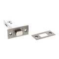 Atlantic Tubular Deadbolt in silver finish, measuring 2.5", 3", and 4". The deadbolt features a rectangular metal housing and a round locking mechanism with a corresponding faceplate.