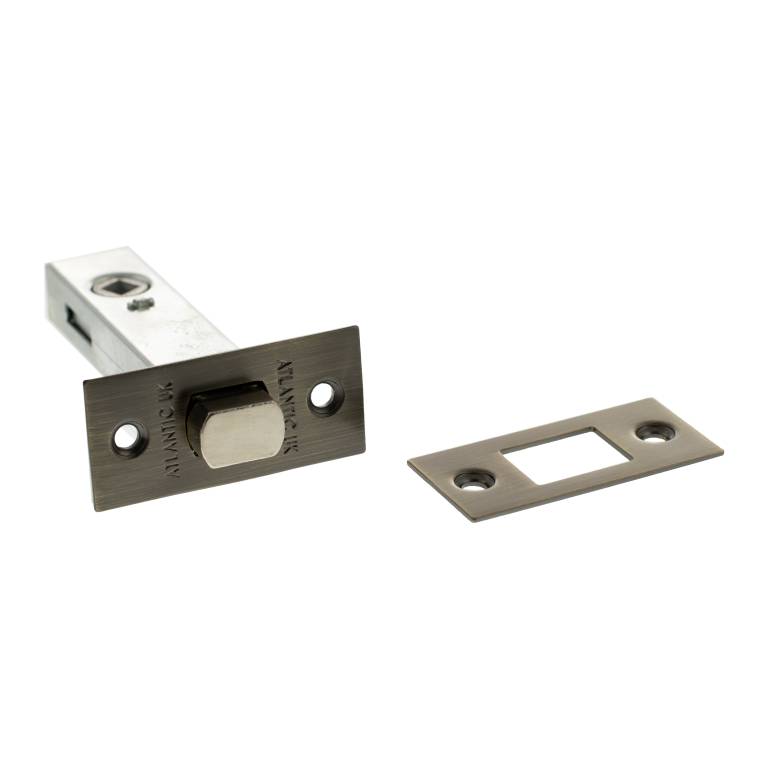 Atlantic Tubular Deadbolt in a nickel finish, available in sizes of 2.5", 3", and 4", includes a rectangular strike plate and a round bolt for secure locking.