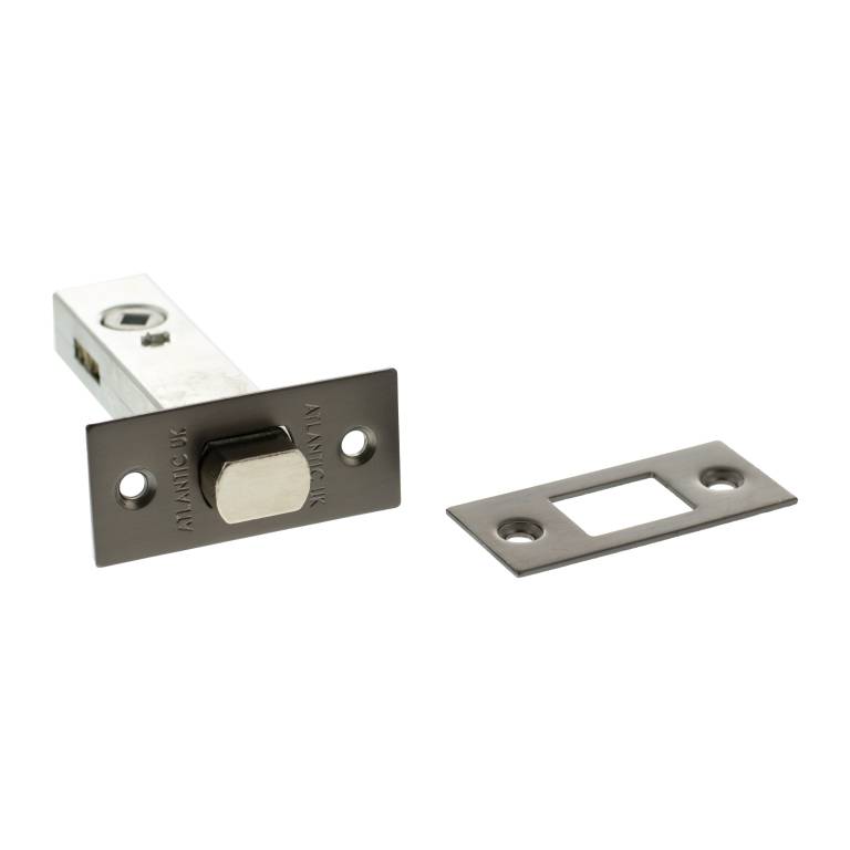 Atlantic Tubular Deadbolt available in 2.5", 3", and 4" sizes, featuring a rectangular metal body with a cylindrical bolt and a matching strike plate. The finish is silver-toned stainless steel, providing durability and security.