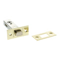Atlantic Tubular Deadbolt in brass finish, measuring 2.5 inches, includes a cylindrical locking mechanism and a matching strike plate. The deadbolt features a polished look with a simple rectangular design.