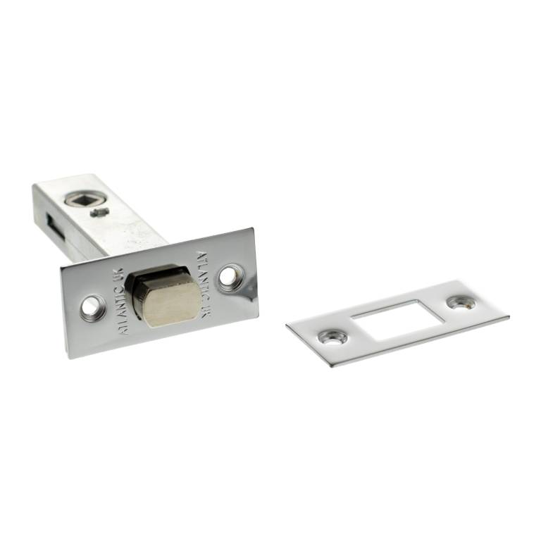 Atlantic Tubular Deadbolt in chrome finish, measuring 2.5", 3", and 4". The set includes the deadbolt and a matching strike plate, featuring a hexagonal bolt mechanism.